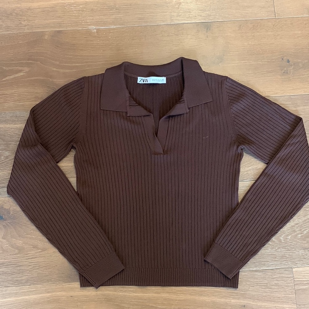 Zara Rib knit polo long sleeve blouse